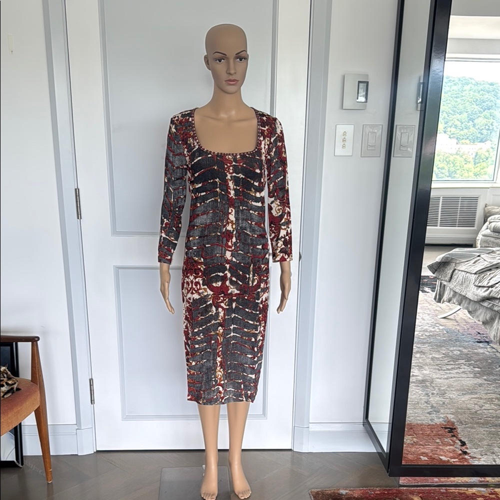 Just Cavalli Red and grey Long Sleeve Sheath Dress Square Neck